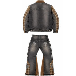 Custom Grey Denim <b>Jacket</b> And Jeans Set With <b>Rhinestone</b> Cross Print And Plaid Panel Design Tracksuit For Unisex - Product Image 3
