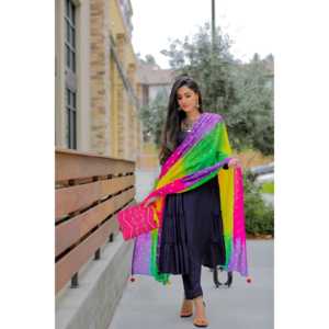 Conjunto de Traje de Chifón de Rayón Transpirable Azul Jade para Mujer con Dupatta Multicolor, Talla XS - Product Image 1