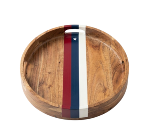 Plateau de service en bois pour la fête de l'Indépendance américaine, plateau rond en bois patriotique avec rayures rouges, blanches et bleues pour usages multiples - Product Image 1