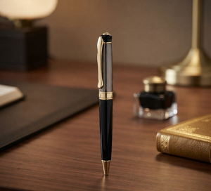 Premium Luxury Handmade Black <b>Roller</b> Pen Satin Silver Cap Golden Crafted Clip Christmas Business Gift Set Featuring - Product Image 1