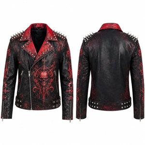 Men's PU Leather Punk Motorcycle <b>Jacket</b> With Skull Print Rivet Spikes Zipper Closure Turn-down Collar Autumn Wear - Product Image 1
