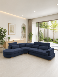Conjunto de Sofá Seccional Moderno Montecarlo Azul Marino en Forma de L Tapizado en Tela con Patas de Acero Inoxidable para Sala de Estar, Hotel, Villa u Oficina - Product Image 1