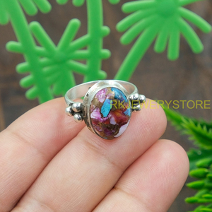 Pink Copper Blue Oyster <b>Turquoise</b> Gemstone <b>Ring</b> 925 Sterling Silver Handmade Boho <b>Ring</b> Oval Cabochon <b>Turquoise</b> Jewelry For Women - Product Image 3