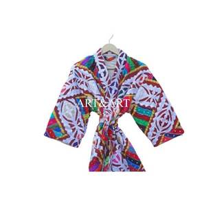 Chaqueta Kimono Vintage de Algodón con Bordado Kantha, Hecha a Mano con Estampado de Bloques, Transpirable, Ecológica, de Manga Larga para Verano, Otoño/Invierno - Product Image 4