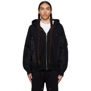 Sudadera con capucha para hombre con media cremallera, personalizada OEM, de mezcla de algodón tipo jersey paneado y sarga de nailon, con bolsillo utilitario y cremallera bidireccional - Product Image 6