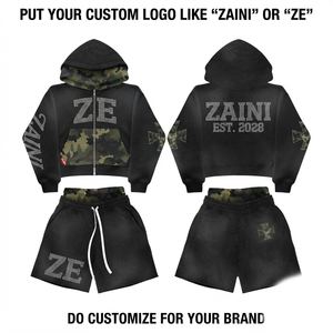 Sudadera con Capucha y Pantalones Cortos de Felpa de Algodón Premium de 340 GSM para Hombre, Transpirable, para Invierno, Color Negro con Paneles Sólidos y Logotipo de Diamantes de Imitación con Transferencia Térmica - Product Image 1
