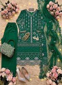 Emerald <b>Green</b> Embroidered Salwar Kameez Set Pearl Beaded Dupatta Traditional Indian Pakistani Wedding Wear for Women - Product Image 6