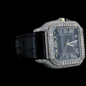 Designer Quartz Movement Square Dial Baguette Cut Moissanite Diamond <b>Black</b> Leather Band Fashion <b>Watch</b> Anniversary Gift for <b>Man's</b> - Product Image 4