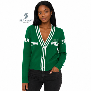 Cardigan en tricot pour femmes Iota Phi Lambda Sorority, col en V, boutons sur le devant, bordure côtelée rayée, broderie, style preppy - Product Image 5