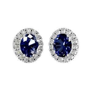 Oval Cut Natural Sapphire <b>Earrings</b> 925 Sterling Silver White Gold Finish Elegant Halo Studs for Women Trendy Birthday Gift Idea - Product Image 2