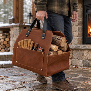 Sac de transport pour bûches en cuir véritable personnalisé, robuste, portable, pour cheminée, sac de rangement pour bois, LLR-0140 - Product Image 4