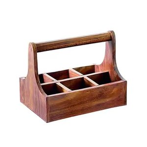 New Arrival 4 Compartment With Metal Handle Natural Wooden <b>Caddy</b> for Restaurant Dining <b>Table</b> Top Cutlery Organizer - Product Image 2