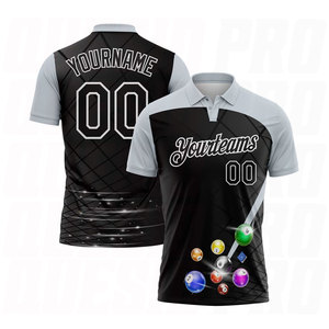 Camiseta Polo Deportiva Premium Negra, Plateada y Blanca con Diseño de Bolas de Billar, Personalizable con Logotipo de Equipo y Nombre Bordado o Sublimado - Product Image 1