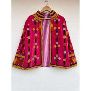 <b>Women</b> Boho Suzani Embroidered Velvet <b>Jacket</b> Pink Floral Open Front Stand Collar Ethnic <b>Vintage</b> Autumn Outerwear - Product Image 1