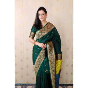 Sari en soie douce Banarasi Pallu Zari tissé avec Pallu Banarasi multicolore Couleur vert bouteille pour chemisiers et chemises pour femmes - Product Image 5