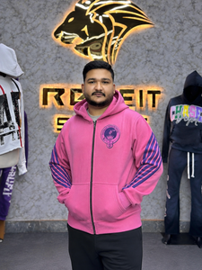 Nouveau sweat-shirt rose à capuche zippé pour homme, coupe oversize, en polaire, manches rayées, style streetwear, avec logo imprimé sur le devant, idéal pour l'automne - Product Image 1