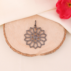 Beautiful Women's Flower Pendant 925 Sterling Silver Black Rhodium Plated Pave Natural Diamond Vintage 40MM Size - Product Image 1