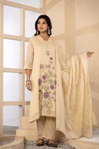 Premium Mul Cotton Beige Embroidered A Line Suit Set <b>Women</b> Ethnic <b>Kurta</b> with Matching Dupatta Boutique Wear - Product Image 1