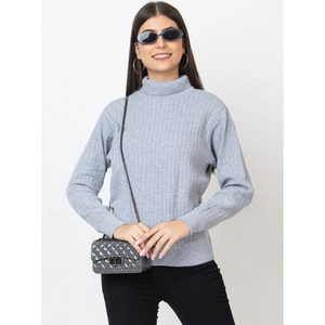 Pull col roulé épais gris clair pour femme, manches longues, tricot côtelé, décontracté, pour l'hiver, en acrylique, séchage rapide, anti-boulochage - Product Image 1