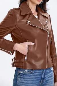 Chaqueta de Cuero Genuino para Mujer, Estilo Motero, Color Marrón, Acolchada, de Alta Calidad, Cierre de Cremallera Corta, Logotipo Personalizado OEM, Venta al Por Mayor, Moda - Product Image 2