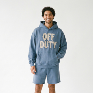 Ensemble short de survêtement ample pour homme avec broderie effet vieilli, en molleton 100% polyester, coupe ample, 430 GSM, taille élastique - Product Image 6