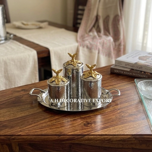 Handcrafted Brass-Finish Canister Set for Home Decor Elegant Hammered Metal Storage <b>Containers</b> with Serving Tray Luxury Gift Set - Product Image 6