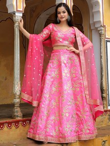 Candy Pink <b>Sequin</b> Work Floral Print Backless Organza Lehenga Choli V-Neck Three Quarter Sleeve A-Line Bridesmaid Dress - Product Image 3