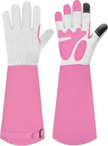 Gants de jardinage pour femmes et hommes, longs, résistants aux épines, pour la taille des roses, en cuir pleine fleur avec paume renforcée, couleur rose - Product Image 1
