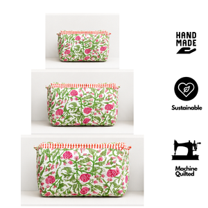 Premium Pink & Green Floral Jaipur Block Print Quilted Cotton Zip Closure Cosmetic <b>Bag</b> Set Of 3 Eco-friendly Durable Daily Use - Product Image 3