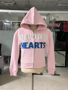 Sudadera con capucha rosa bebé personalizada con cremallera completa, parche de letras 3D, estilo urbano de alta calidad, marca privada - Product Image 1