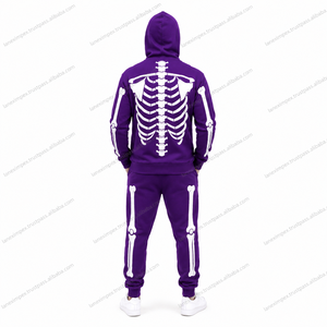 Custom Men Skeleton Hoodie Skull Bone Print Full <b>Zip</b> Sweatshirt Gothic Streetwear Jacket Halloween Costume Purple Graphic Print - Product Image 4