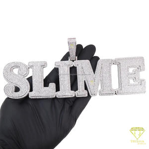 Moissanite Diamond <b>SLIME</b> Iced Out Name Pendant Necklace With Cuban Link Chain Bold Letter Typography Design Statement Jewelry - Product Image 3