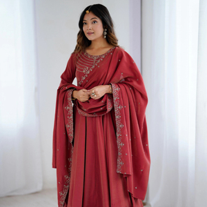 Traditional Georgette Embroidery With Sequence Work Anarkali Kurti With Pant and <b>Russian</b> Silk Dupatta Collection - Product Image 1