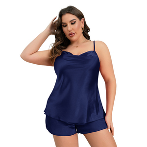Conjunto de Camiseta sin Tirantes de Satén Azul Marino para Mujer, Corte Ajustado, Color Sólido, Traje Formal de Invierno con Pantalones Cortos, Dos Piezas, Talla Grande, Poliéster - Product Image 1