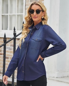 Camisa de Algodón Azul Marino para Mujer, con Botones, Manga Larga, Color Sólido, Cuello Clásico, con Bolsillos, Corte Regular, para Todas las Temporadas - Product Image 1