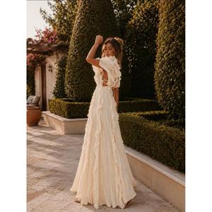 Elegante Vestido Largo de Algodón Estilo Bohemio con Cuello en V, Mangas con Volantes en Forma de Pétalo, Corte en A y Cintura Imperio para Mujer - Product Image 3