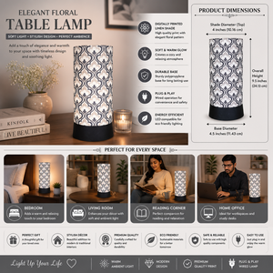 Elegant Floral Printed Linen Table Lamp | Modern Bedside <b>Night</b> <b>Light</b> | Decorative Living Room Desk Lamp | Warm Ambient LED - Product Image 5