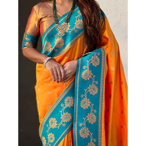 Sari Paithani de Seda Suave Naranja Elite Weaves con Diseño de Loto, Ropa India y Pakistaní, 650g - Product Image 2