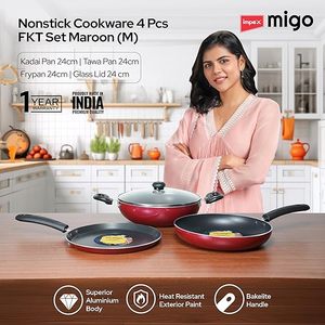 Ensemble de 4 ustensiles de cuisine antiadhésifs en aluminium revêtu, comprenant une poêle Tawa, une poêle à frire, une casserole Kadai avec couvercle en verre, garantie 1 an, multicolore - Product Image 5