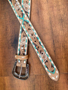 New Arrival Genuine Leather Western Hand <b>Tooled</b> and Hand Painted Floral <b>Belts</b> Real Handmade <b>Tooled</b> Leather Unisex Waist <b>Belts</b> - Product Image 2
