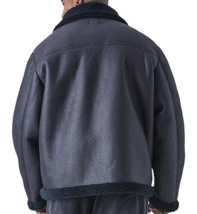 Men's Black <b>Shearling</b> Leather <b>Jacket</b> Winter Aviator <b>Bomber</b> with Fur Collar Buckle Straps and Warm Fleece Lining - Product Image 2