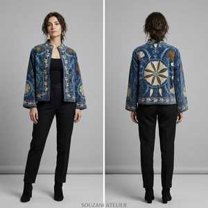 Women's Hand Embroidered Cotton Floral Velvet Short Coat Boho Mandarin Collar Full Sleeve Cotton Lining Spring Autumn Winter - Product Image 2