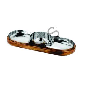 Bol à chips et trempette ovale en acier inoxydable avec base en bois, à paroi simple, martelé, pour noix - Product Image 1