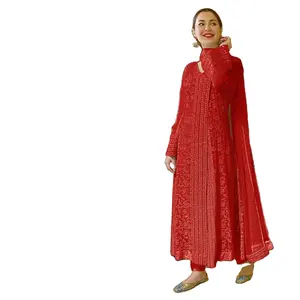 Green And Red Mono Net Floral Style Full Designer Sleeves Women's Pakistani Suits Special Occasion Wear Salwar Kameez