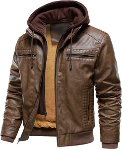 Men Brown PU Leather Moto Biker <b>Jacket</b> Hooded <b>Zipper</b> Front Sherpa Lining Windproof Winter Style Slim Fit Regular Sleeve - Product Image 5