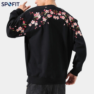 Men's Black Crew Neck Pullover Sweatshirt with <b>Cherry</b> Blossom Embroidery Regular Fit Casual Autumn Wear 100% Cotton Fleece - Product Image 4