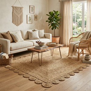 Tapis en jute bio fait main, tressé, style bohème, antidérapant, écologique, bord festonné, rectangulaire, décoration intérieure - Product Image 4