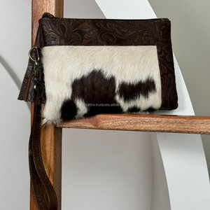 OEM Hair on Cowhide Embossed Leather Wristlet & Tassel Pouch Premium Quality Handmade Floral Leather Western Ladies <b>Purse</b> Wallet - Product Image 4