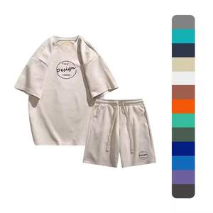 Conjunto de Camiseta y Pantalones Cortos Unisex de Alta Calidad en Algodón/Poliéster, Estilo Vintage, Bordado, Desgastado, Teñido, para Hombre y Mujer - Product Image 1