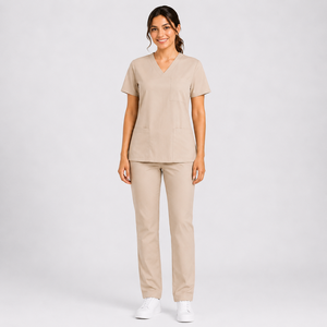 Conjunto de uniforme médico para mujer, color beige, cuello en V, tela de algodón y poliéster, pantalones elásticos, conjunto de blusa y pantalón para trabajo médico. - Product Image 1